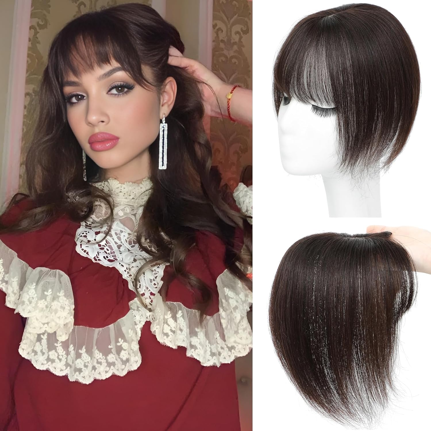 Amchoice Hair Toppers for Women Real Human Hair, Bangs Clip 360° 3D Cover Human Topper with Bangs(Dark Brown, 3D Wispy Bangs (5 * 9))