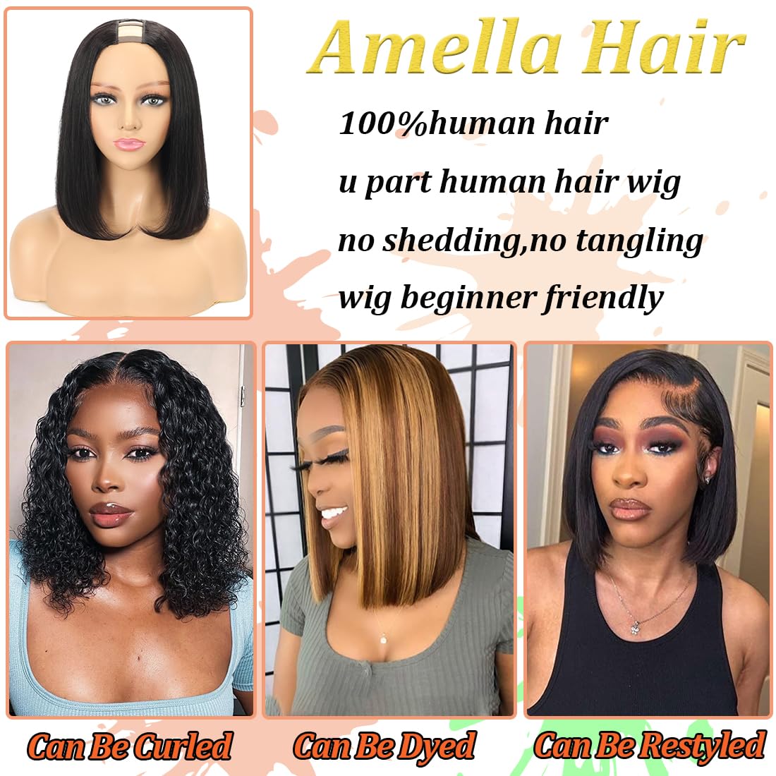 Amella Hair U Part Wig Human Hair Straight Bob Wigs For Black Women 10inch Brazilian Remy Hair Short Bob Human Hair Wigs Clip in U Part Wig Human Hair Extensions Natural Black Color - Image 5