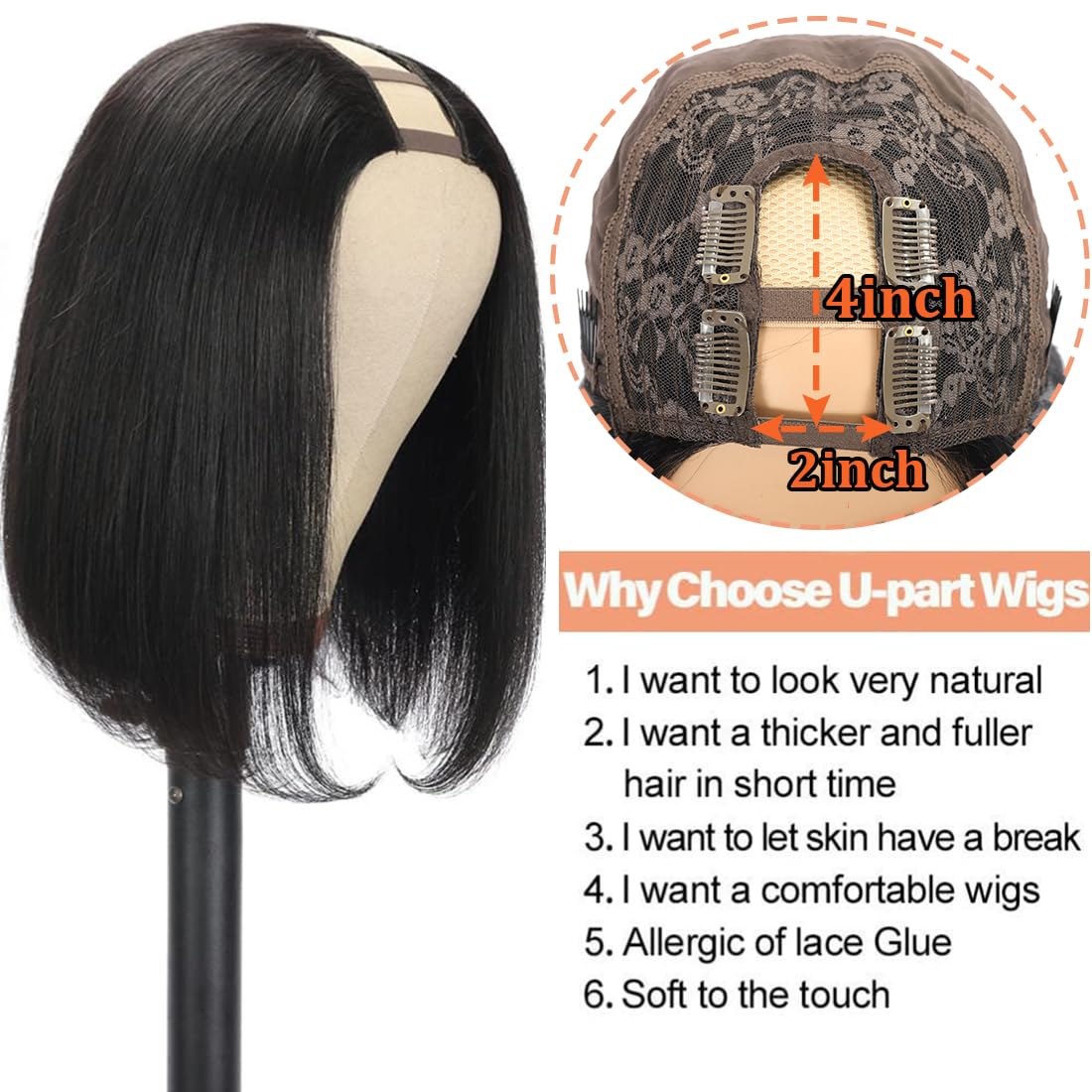 Amella Hair U Part Wig Human Hair Straight Bob Wigs For Black Women 10inch Brazilian Remy Hair Short Bob Human Hair Wigs Clip in U Part Wig Human Hair Extensions Natural Black Color - Image 2