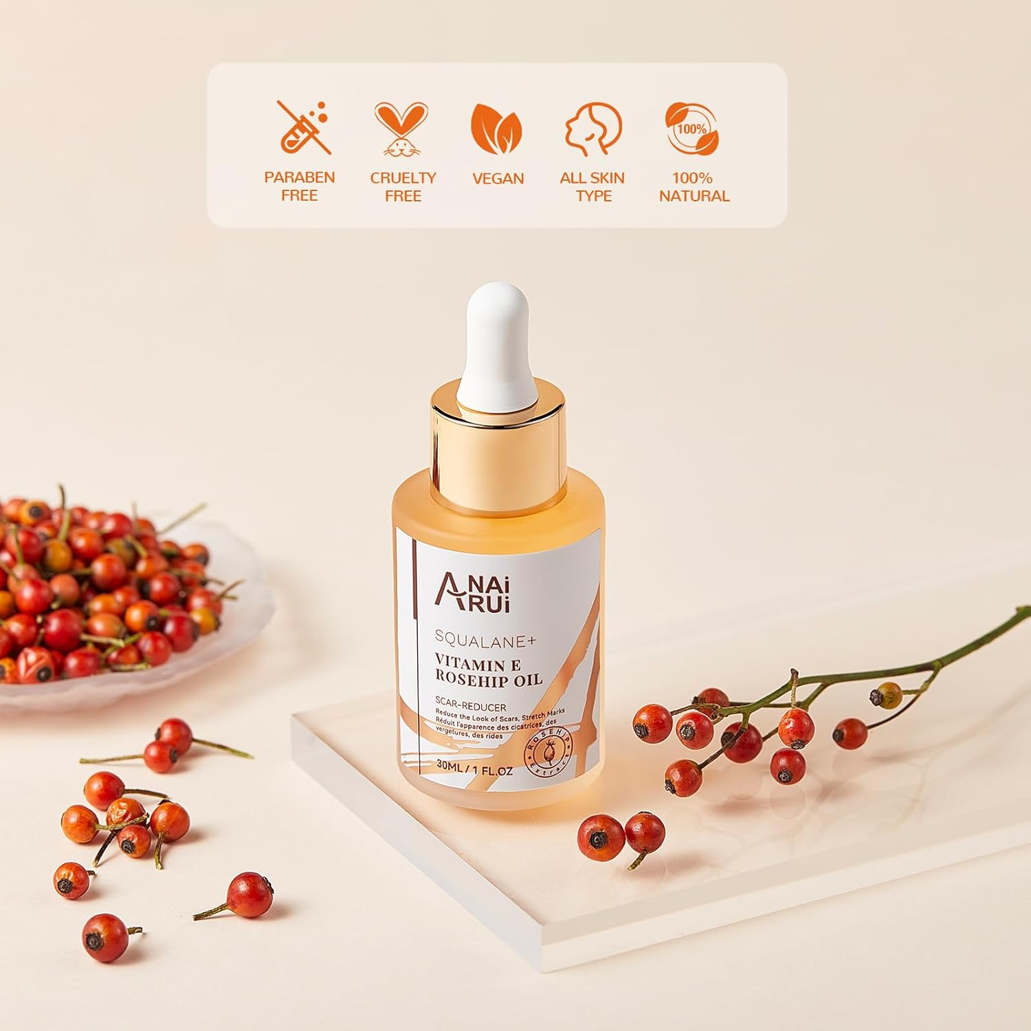 ANAI RUI Squalane + Vitamin E Rosehip Oil Moisturizer for Face Hydrate, Reduce Scars and Stretch Marks, Wrinkles for Smoother, Softer Skin 1 fl. Oz - Image 6
