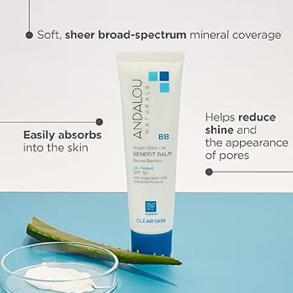 Andalou Naturals CLEAR SKIN Argan Stem Cell BB Benefit Balm, Un-Tinted SPF 30, 2-in-1 BB Cream & Face Sunscreen with Broad Spectrum Protection, Mineral Sunscreen for Oily Skin, 2 Fl Oz - Image 2
