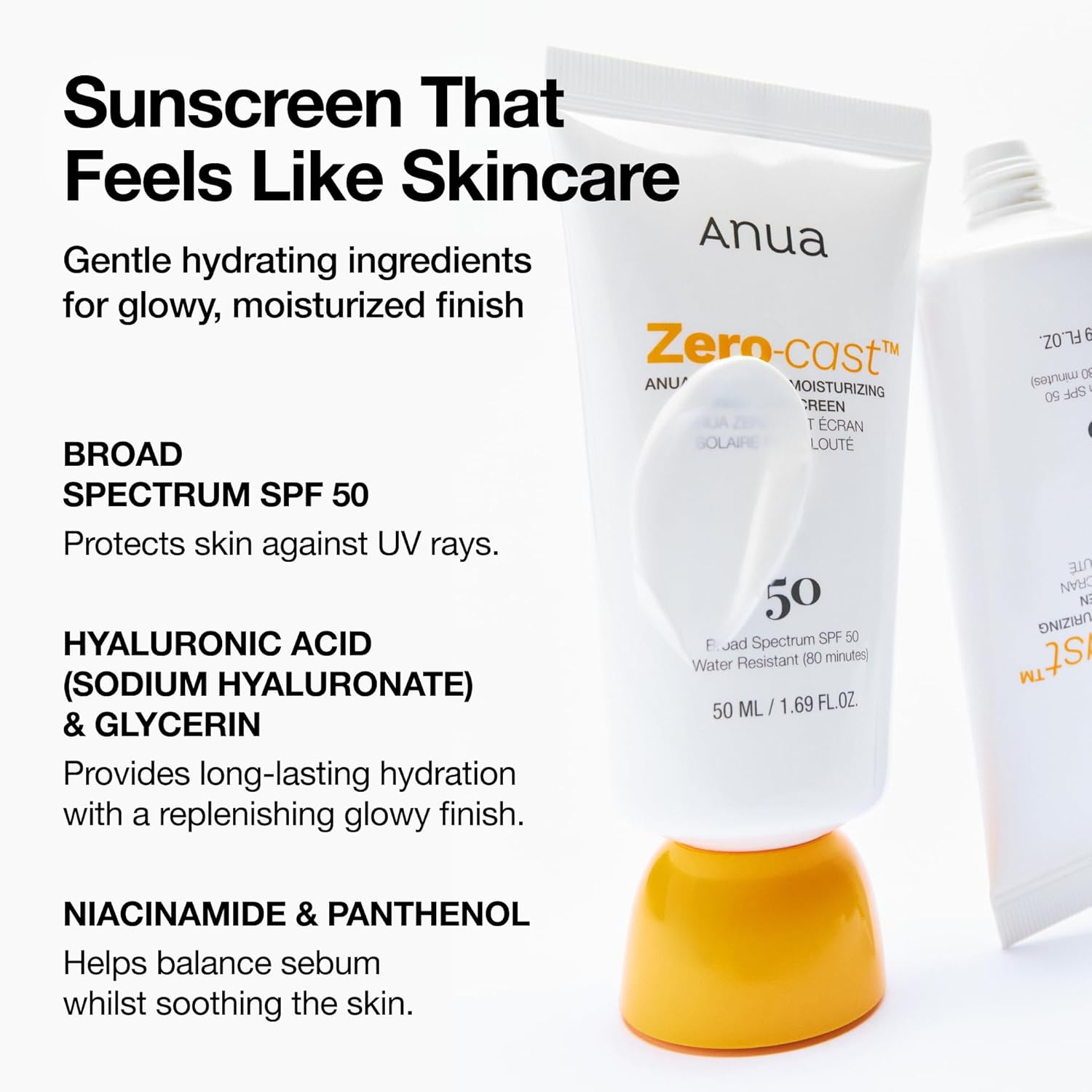 Anua Zero-Cast Moisturizing Finish Sunscreen,SPF 50, Glow Natural Sunscreen,No White cast, Hyaluronic Acid, Niacinamide sun block for face,Oil-Free, Oxybenzone free, Travel Essential (50ml/1.69fl.oz) - Image 3