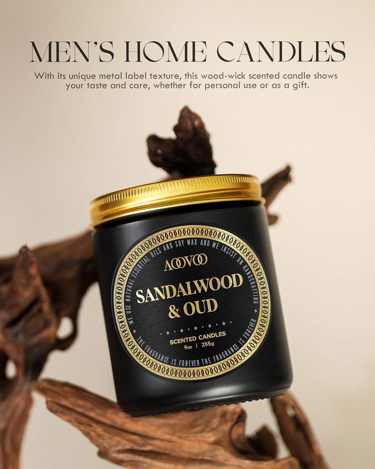 AOOVOO Scented Candles for Men - Oud & Sandalwood Candles for Home Scented | Crackling Wood Wick Soy Candles | Strong Fragranced Masculine Black Candle Gift for Women & Men, 9oz - Image 7