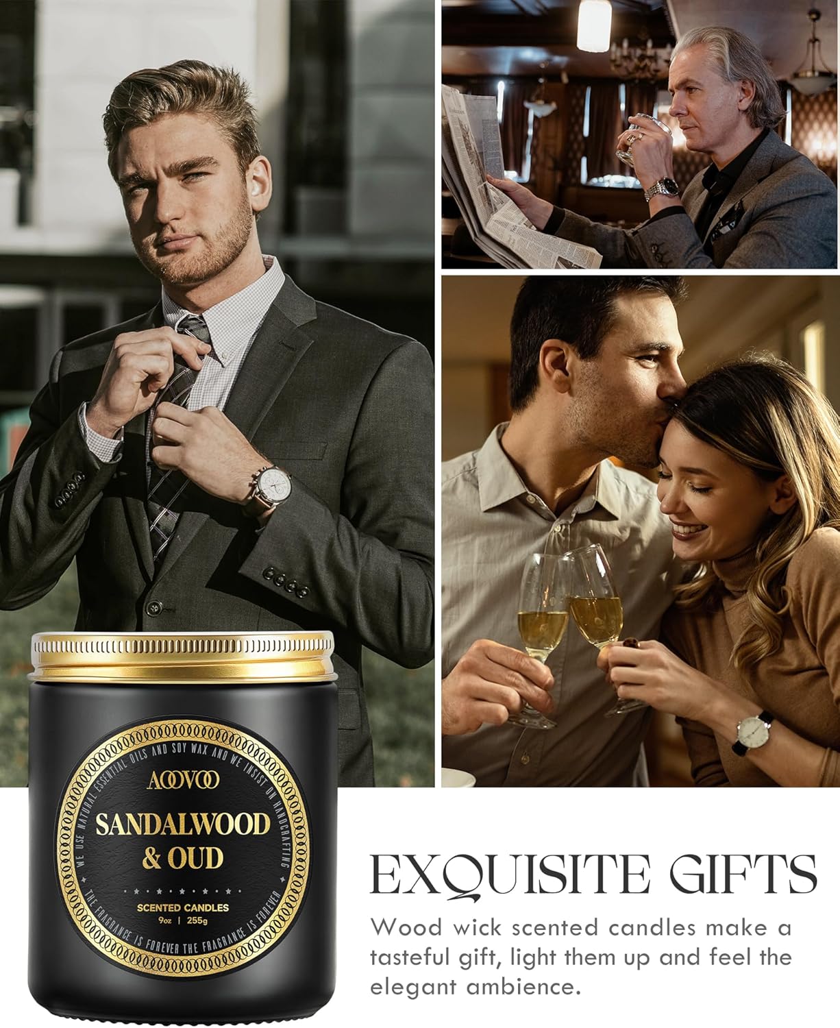 AOOVOO Scented Candles for Men - Oud & Sandalwood Candles for Home Scented | Crackling Wood Wick Soy Candles | Strong Fragranced Masculine Black Candle Gift for Women & Men, 9oz - Image 5