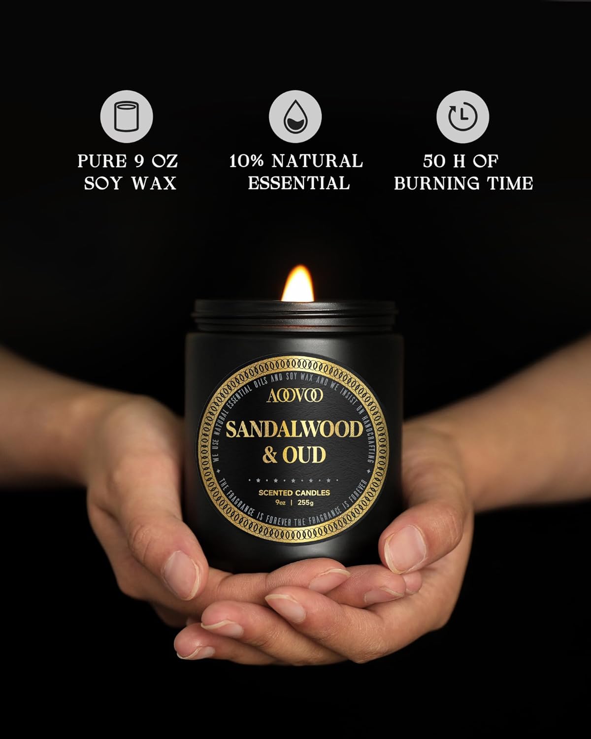 AOOVOO Scented Candles for Men - Oud & Sandalwood Candles for Home Scented | Crackling Wood Wick Soy Candles | Strong Fragranced Masculine Black Candle Gift for Women & Men, 9oz - Image 2