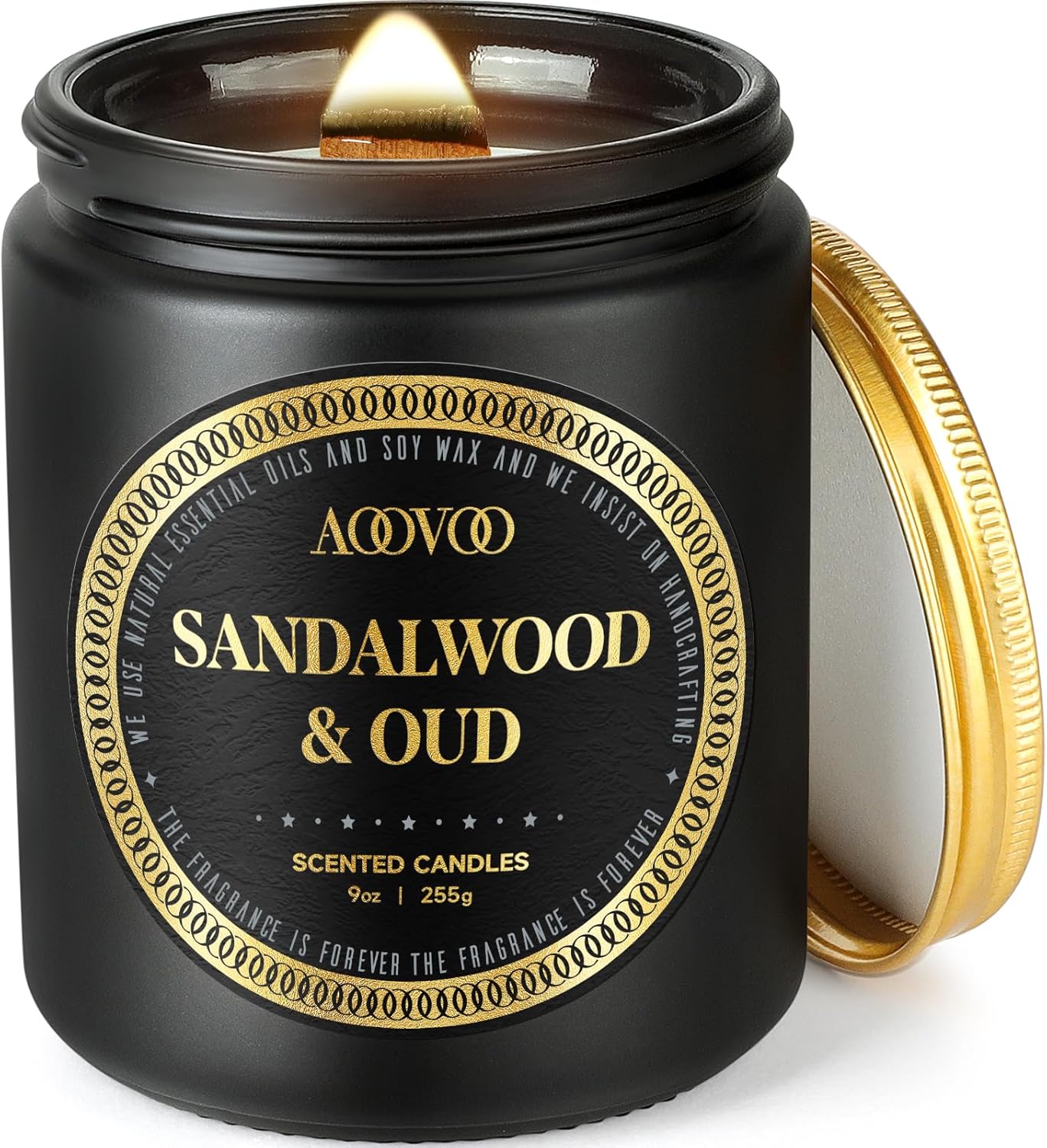 AOOVOO Scented Candles for Men - Oud & Sandalwood Candles for Home Scented | Crackling Wood Wick Soy Candles | Strong Fragranced Masculine Black Candle Gift for Women & Men, 9oz