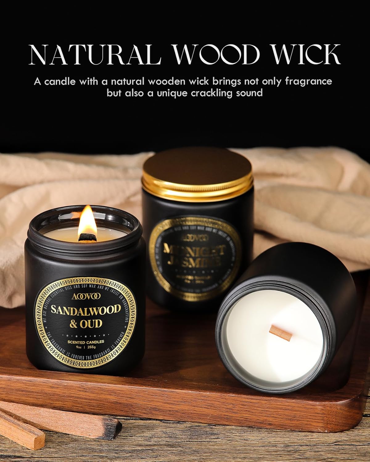 AOOVOO Scented Candles for Men - Oud & Sandalwood Candles for Home Scented | Crackling Wood Wick Soy Candles | Strong Fragranced Masculine Black Candle Gift for Women & Men, 9oz - Image 3