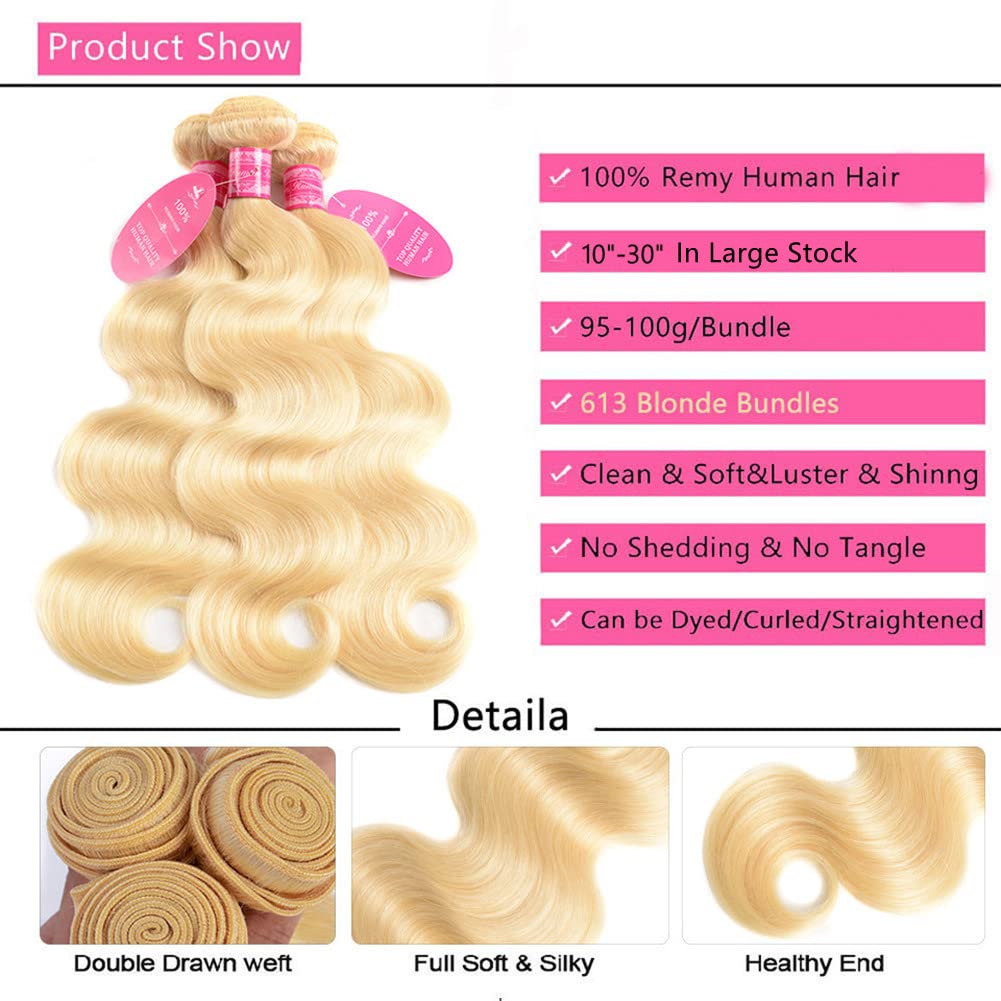 Aopusi 613 Human Hair Bundles with Frontal Brazilian Body Wave Bundles with Transparent Color Lace Frontal Closure Unprocessed Blonde Human Hair Weave and 13x4 Frontal Free Part(14 16 18+12) - Image 2