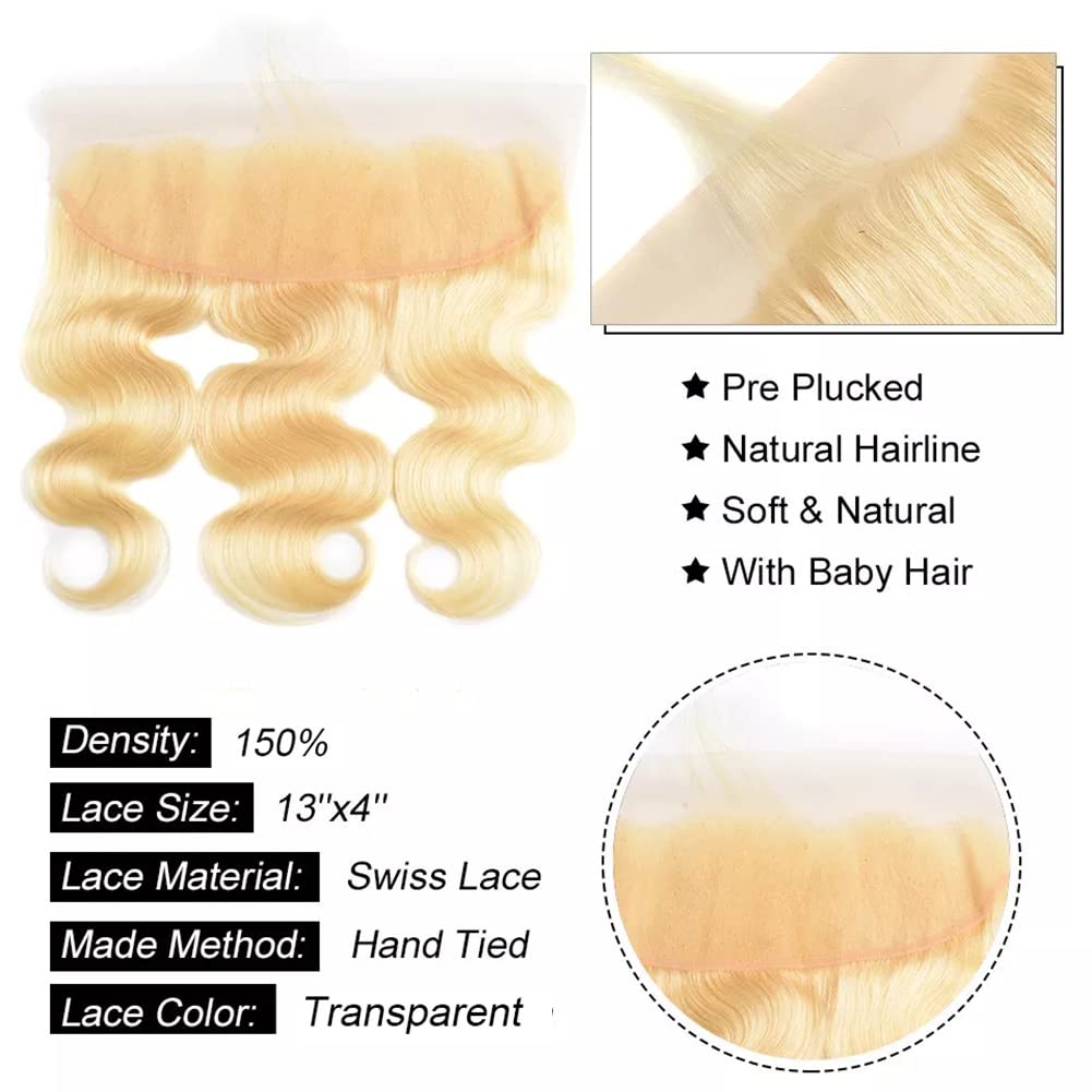 Aopusi 613 Human Hair Bundles with Frontal Brazilian Body Wave Bundles with Transparent Color Lace Frontal Closure Unprocessed Blonde Human Hair Weave and 13x4 Frontal Free Part(14 16 18+12) - Image 4