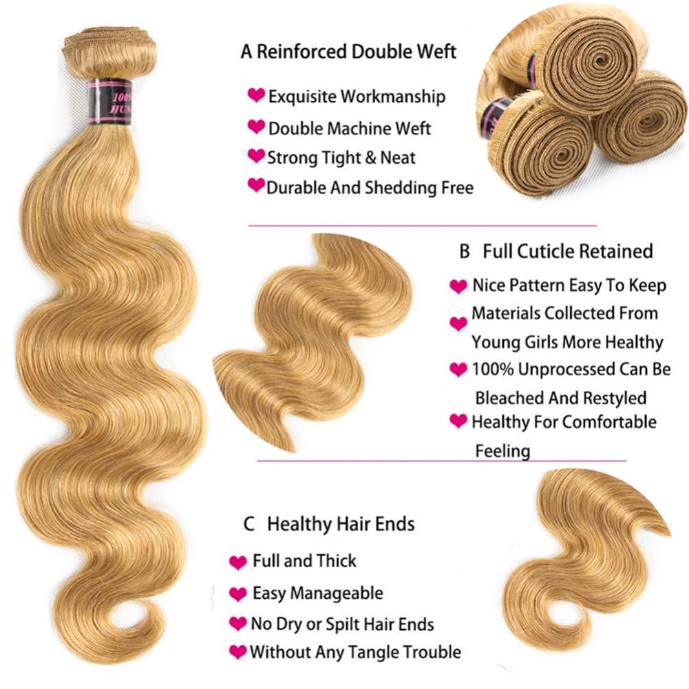 Aopusi Honey Blonde Human Hair Bundles #27 Colored Body Wave Brazilian Remy Human Hair Weft Blonde Hair 3 Bundles Blonde Body Wave Bundles(18 20 22 Inch) - Image 3