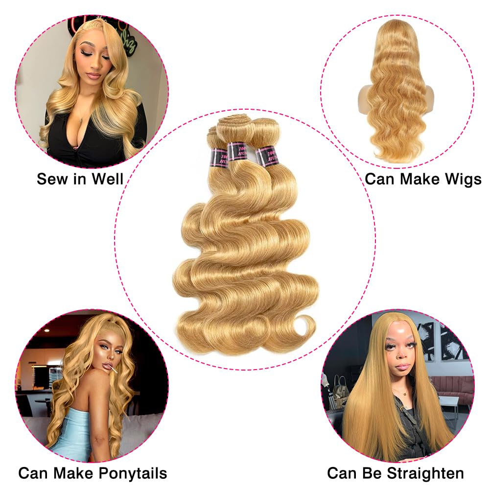 Aopusi Honey Blonde Human Hair Bundles #27 Colored Body Wave Brazilian Remy Human Hair Weft Blonde Hair 3 Bundles Blonde Body Wave Bundles(18 20 22 Inch) - Image 4