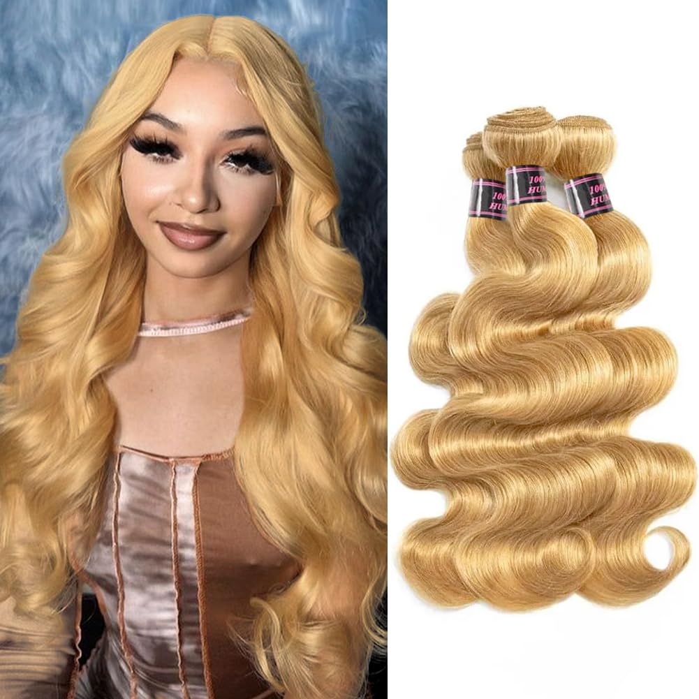 Aopusi Honey Blonde Human Hair Bundles #27 Colored Body Wave Brazilian Remy Human Hair Weft Blonde Hair 3 Bundles Blonde Body Wave Bundles(18 20 22 Inch)