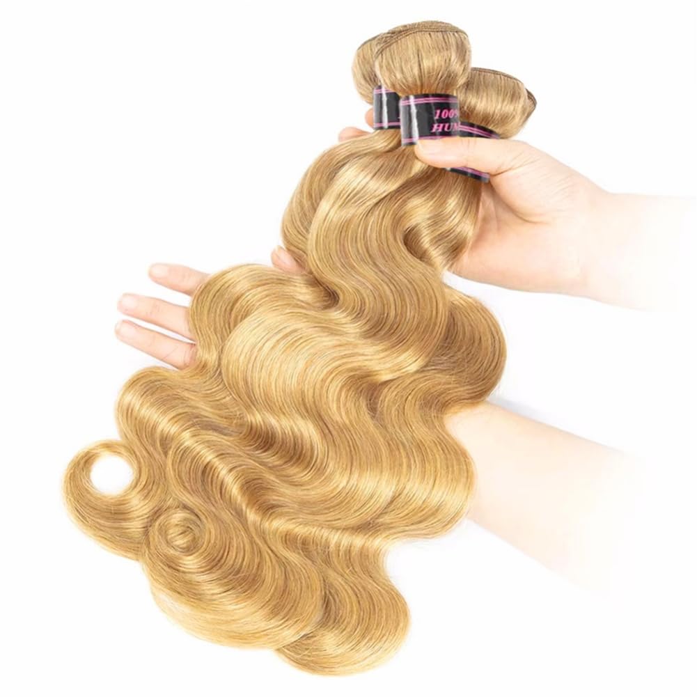 Aopusi Honey Blonde Human Hair Bundles #27 Colored Body Wave Brazilian Remy Human Hair Weft Blonde Hair 3 Bundles Blonde Body Wave Bundles(18 20 22 Inch) - Image 2