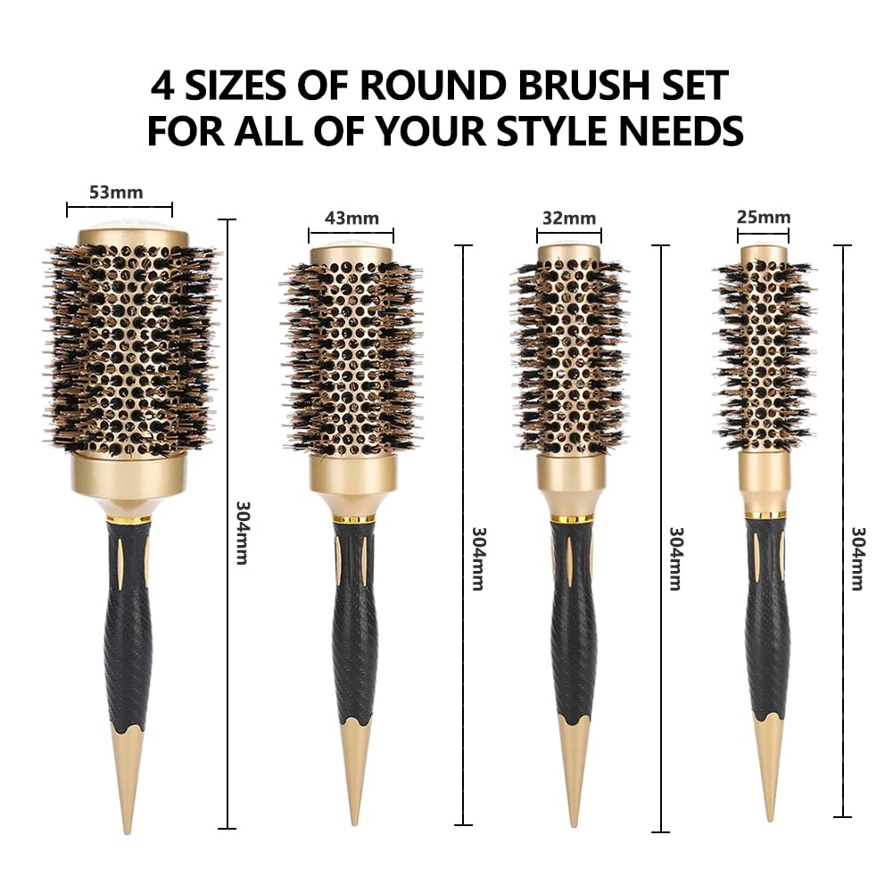 Aozzy Hair Brush, Round Brush Set for Blow Drying - Professional Boar Bristle Hair Styling Brush, Nanothermic-Ion Technology, Vented Ceramic Barrel, for Women - 4 Size Options, Golden - Image 2