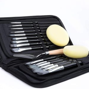 18 Piece Paint Brush Set, ARTIFY 15 Acrylic Paint Brushes, Palette Knife, and 2 Sponges, Professional Artist Paint Brushes for Acrylics, Watercolors, Gouache, Canvas, and Face Painting,Black
