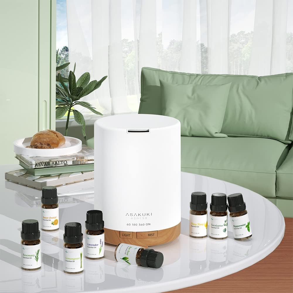 ASAKUKI Essential Oil Diffuser, Aromatherapy Cool Mist Home Humidifier with 7 LED Color Changing Light and Auto-Off Safety Switch, 8 Essential Oils Set, 300ml (Brown with Oils) - Image 7