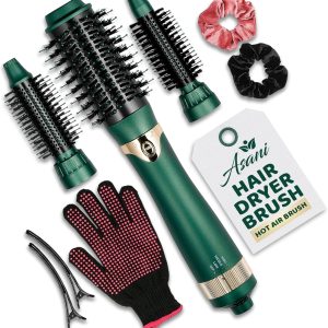 Asani Hot Air Brush - Multipurpose Blow Dryer Brush with Interchangeable Heads, Heated Round Brush for Curling or Straightening, Volumizer and Styling Tool for All Hair Types