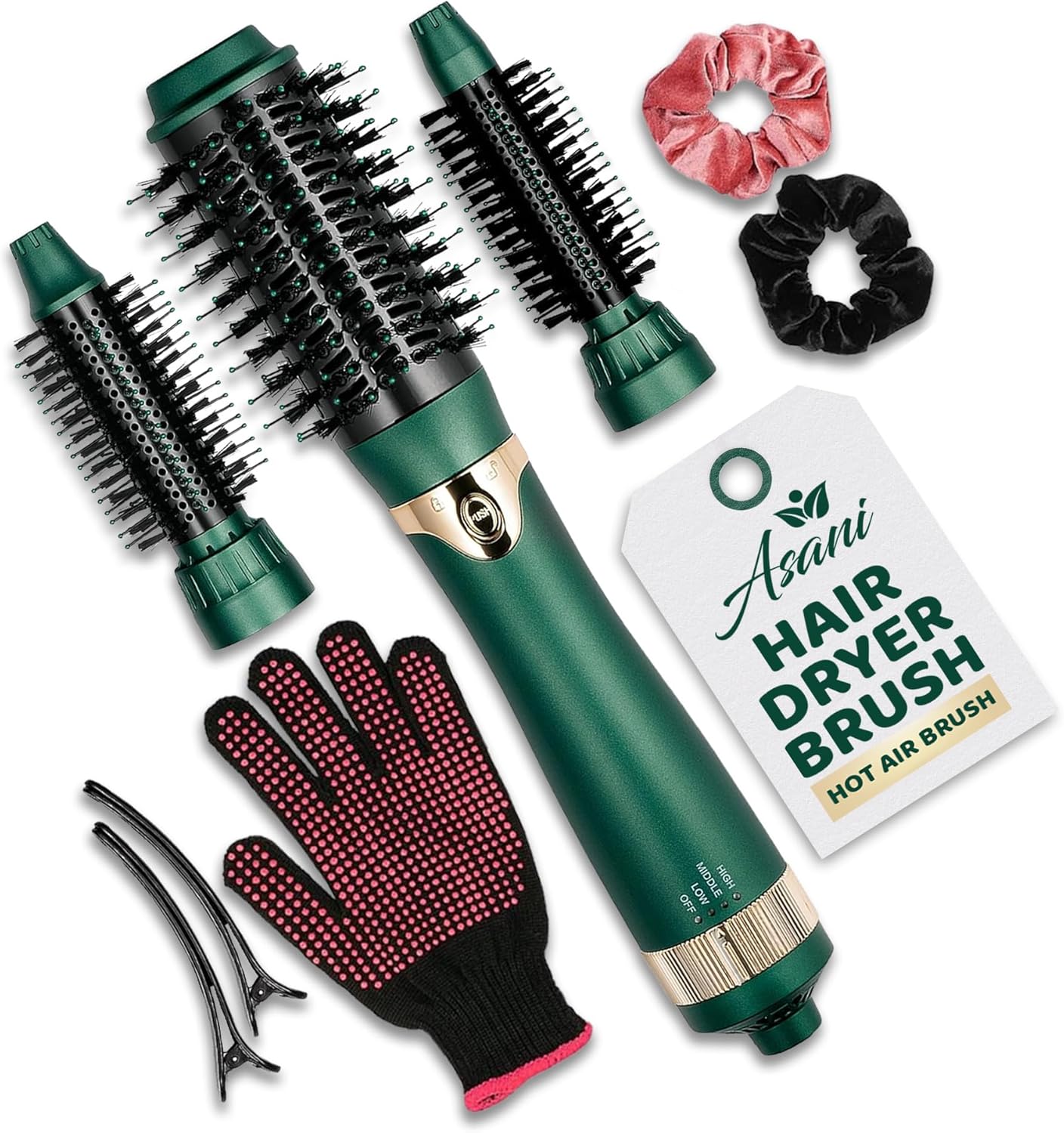 Asani Hot Air Brush - Multipurpose Blow Dryer Brush with Interchangeable Heads, Heated Round Brush for Curling or Straightening, Volumizer and Styling Tool for All Hair Types