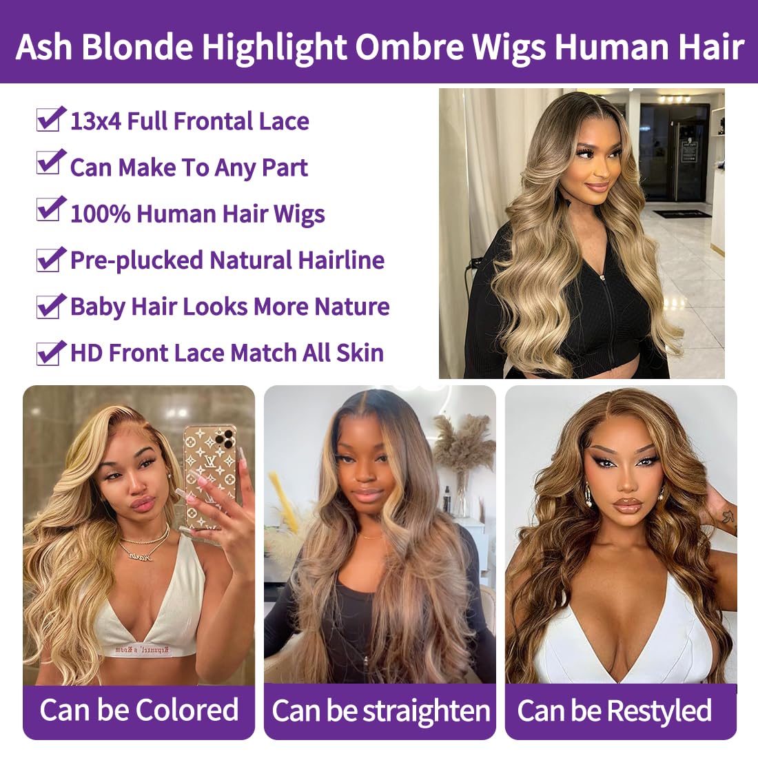Ash Blonde Ombre Highlight Human Hair Lace Front Wig 24 Inch 13x4 Glueless Body Wave 180% Density HD - Image 4