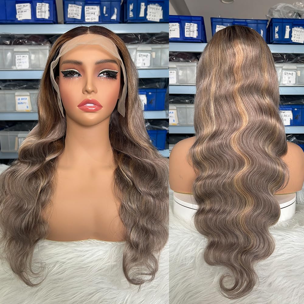 Ash Blonde Ombre Highlight Human Hair Lace Front Wig 24 Inch 13x4 Glueless Body Wave 180% Density HD - Image 3