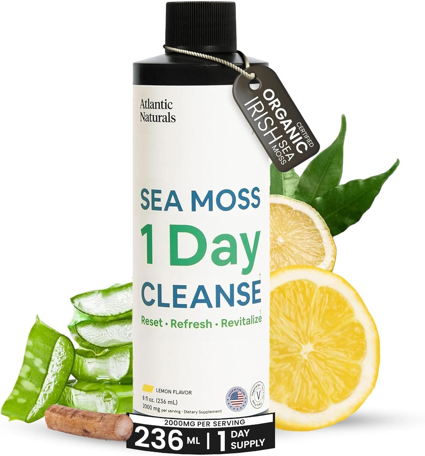 Atlantic Naturals - 1 Day Colon Cleanse Full Body Detox Drink - Sea Moss Supplement for Women & Men, Gut Health, Kidney & Liver Immune Energy Enhancer Gut Cleanse - Lemon Flavor Juice, 8 fl oz
