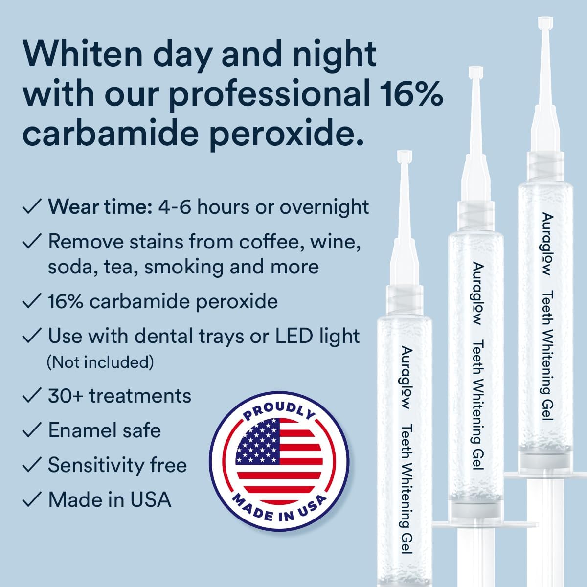 Auraglow 16% Overnight Teeth Whitening Gel Syringe Refills, 16% Carbamide Peroxide, Overnight Teeth Whitening Gel, 30 Whitening Treatments, (3) 5mL Whitening Gel Syringes, Contains Potassium Nitrate - Image 4