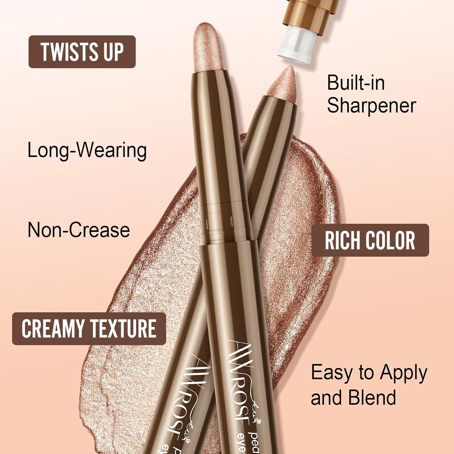 awrose Cream Single Eyeshadow Stick, Glitter Shimmer Eye Shadow, Waterproof Long-Wearing Brilliant Eye Brightener with Sharpener, Makeup Sparkle Eye Shadow Pen Suits Everyone at Any Age - Image 4
