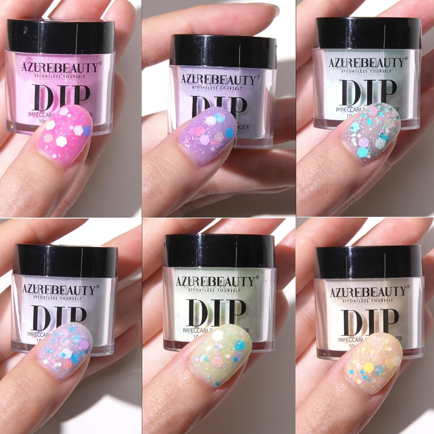 AZUREBEAUTY Dip Powder Nail Set, 6 Colors Pink Purple Green Glitter Cheese Colors Natural Dipping Powder Starter Spring Kit, French Nail Art Manicure DIY Salon, No Need Nail Lamp Cured - Image 6