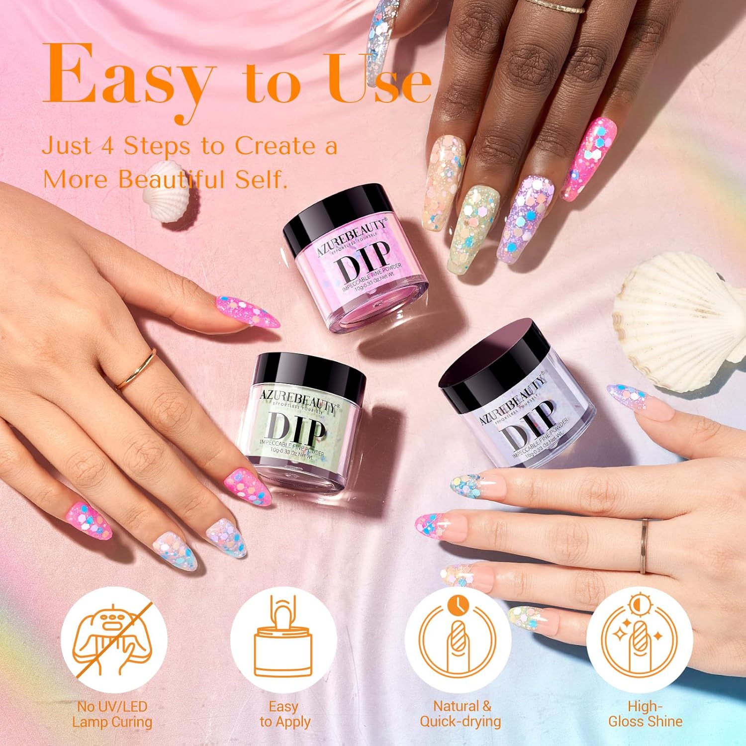AZUREBEAUTY Dip Powder Nail Set, 6 Colors Pink Purple Green Glitter Cheese Colors Natural Dipping Powder Starter Spring Kit, French Nail Art Manicure DIY Salon, No Need Nail Lamp Cured - Image 4