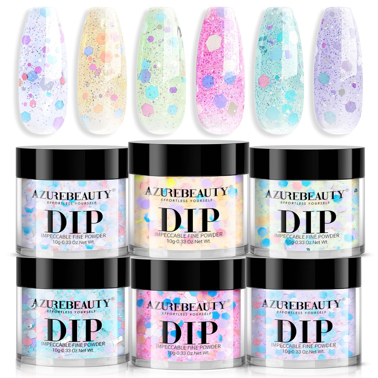 AZUREBEAUTY Dip Powder Nail Set, 6 Colors Pink Purple Green Glitter Cheese Colors Natural Dipping Powder Starter Spring Kit, French Nail Art Manicure DIY Salon, No Need Nail Lamp Cured