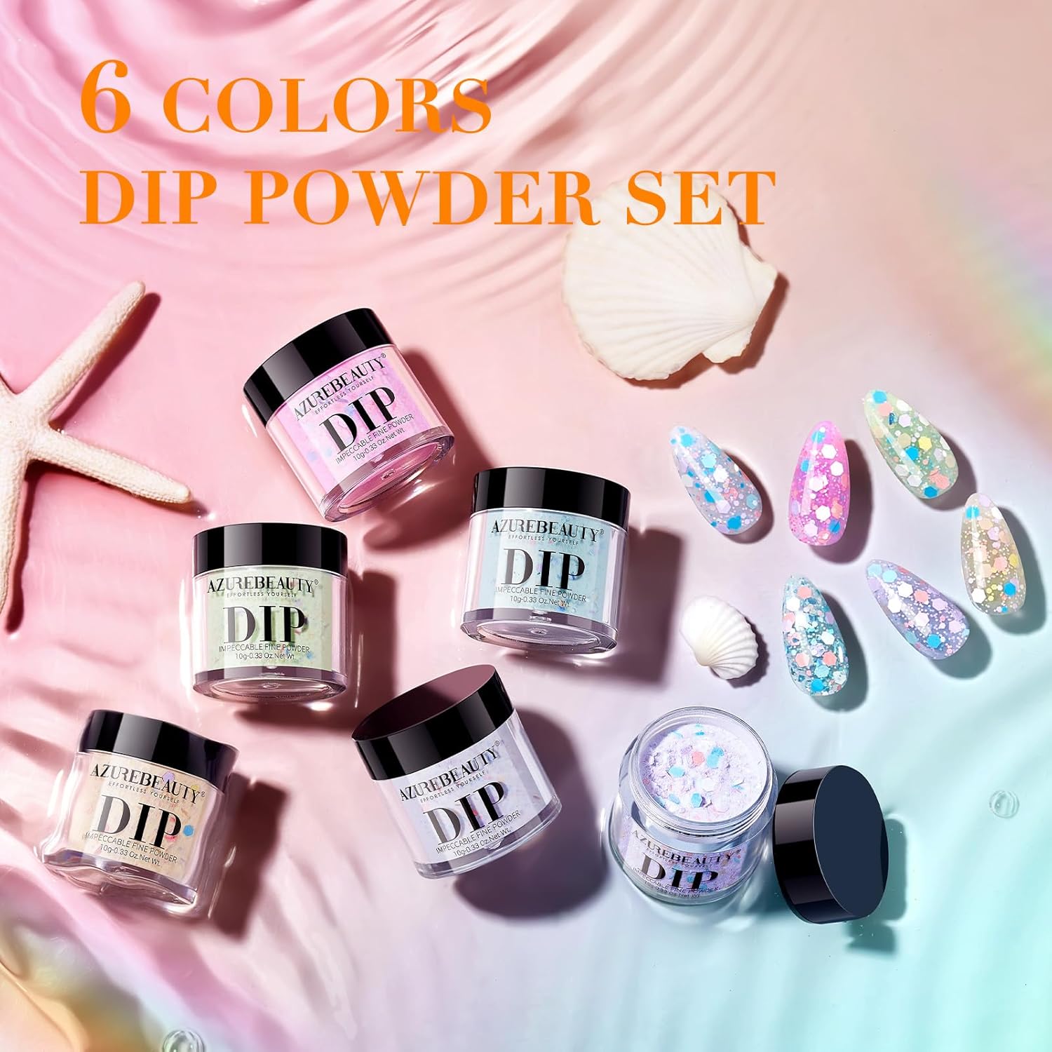 AZUREBEAUTY Dip Powder Nail Set, 6 Colors Pink Purple Green Glitter Cheese Colors Natural Dipping Powder Starter Spring Kit, French Nail Art Manicure DIY Salon, No Need Nail Lamp Cured - Image 7