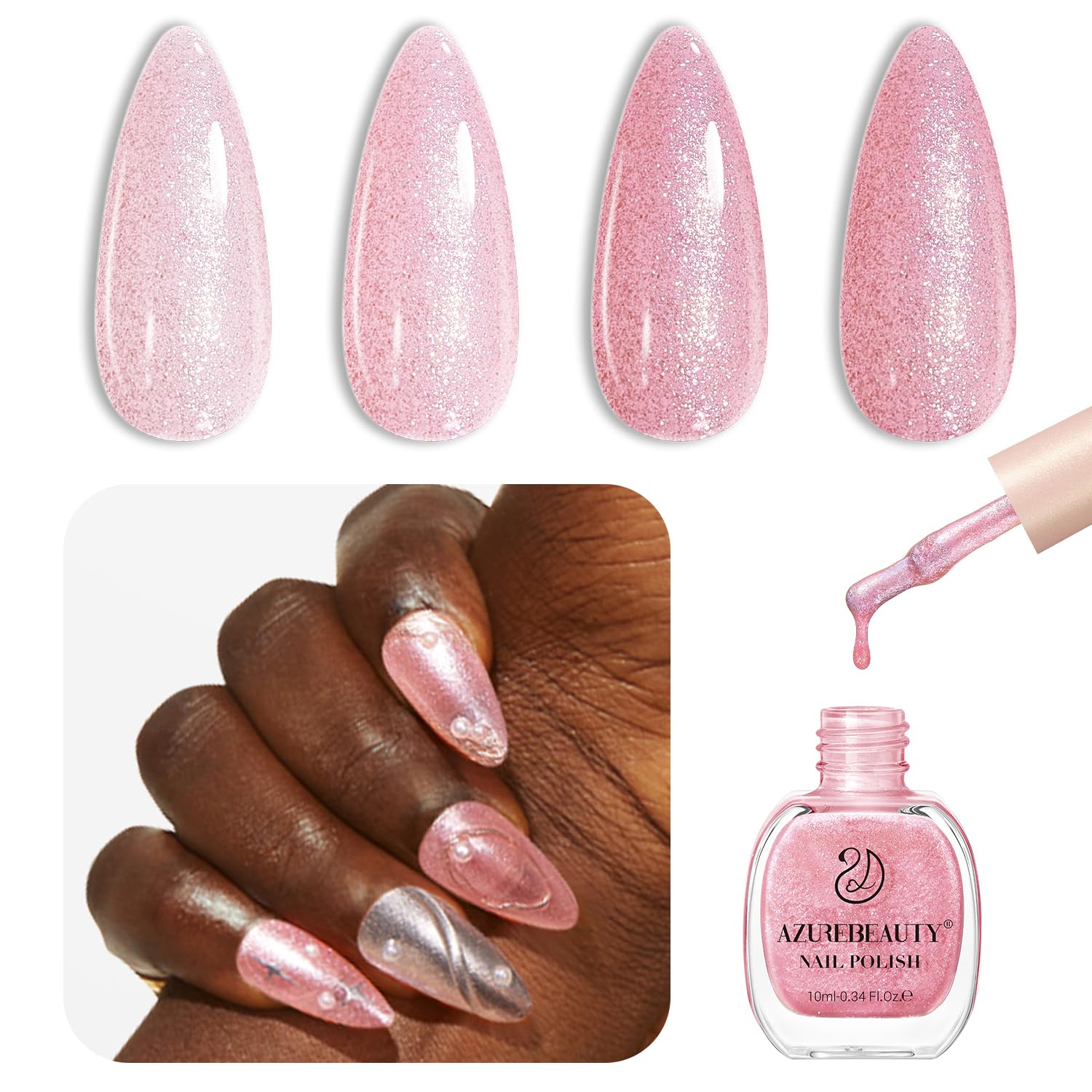 AZUREBEAUTY Glitter Pink Nail Polish Quick Dry Natural Infinite Shine Nail Lacquer Fingernail Polish Strengthening Treatment Kit Salon-Quality for Women 10ml