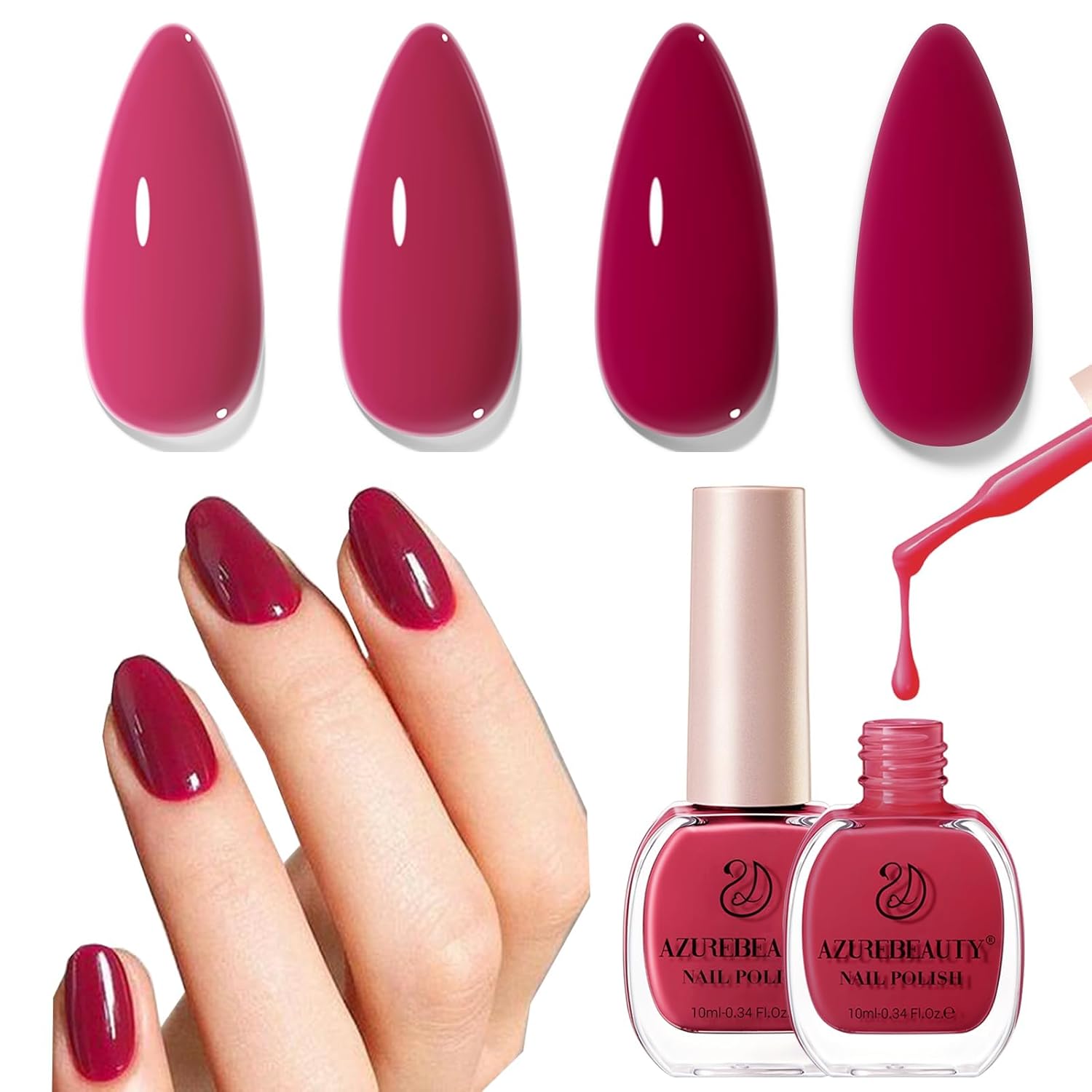 AZUREBEAUTY Raspberry Pink Nail Polish Set, Quick Dry Natural Boundless Shine Lacquer Fingernail Strengthening Nurse Kit Salon-Quality for Women 2Pcs 0.34 oz