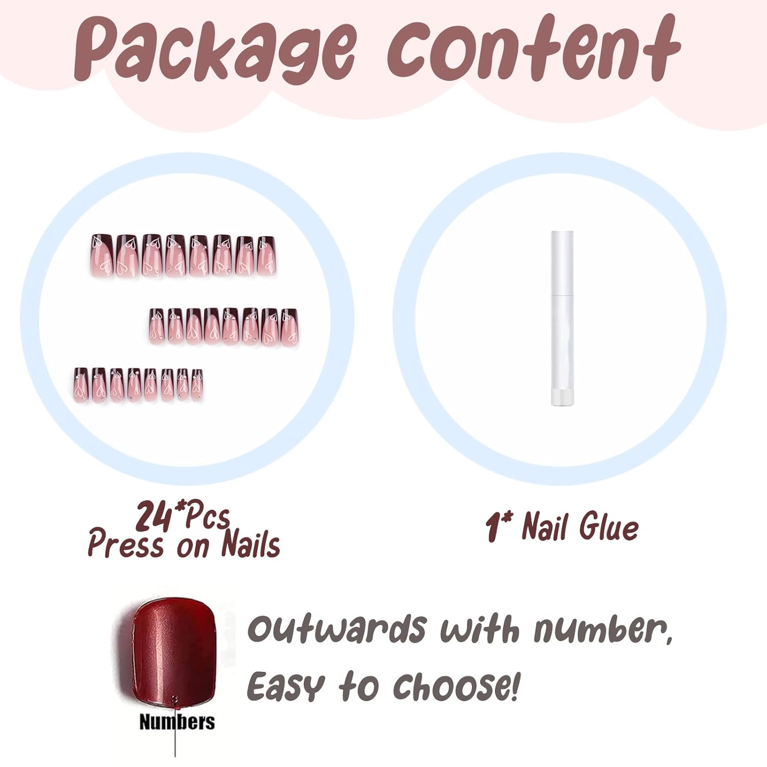 BABALAL Fall French Tip Press on Nails Medium Square Fake Nails Brown Glue on Nails Heart Rhinestone Design Shiny Acrylic Nails 24Pcs Squoval Manicure Artificial Cute False Nails for Women and Girls - Image 5