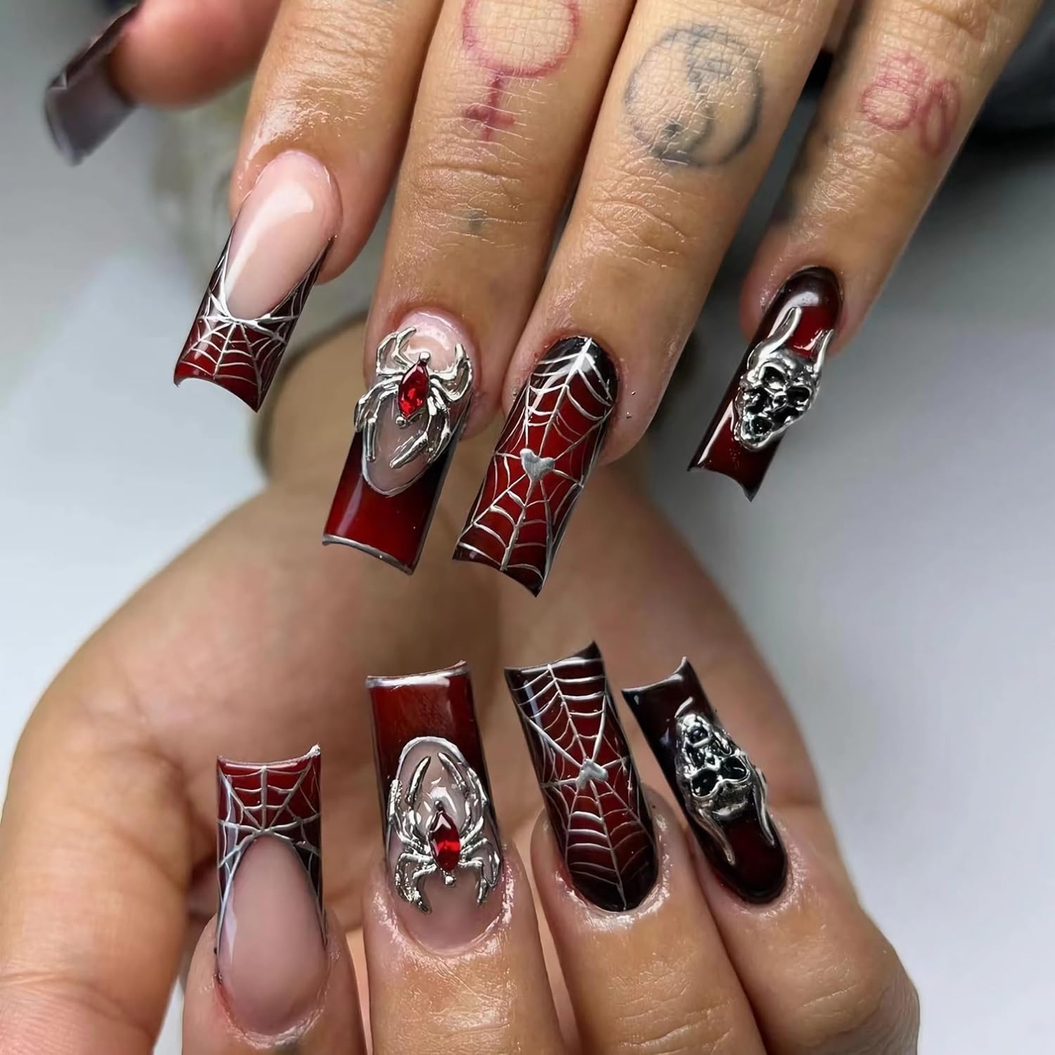 BABALAL Press on Nails Long Square Fake Nails Dark Black Red Glue ons Nails Metallic Spider Skull Charm Design Halloween Acrylic Nails 24Pcs Luxury Goth Squoval False Nails