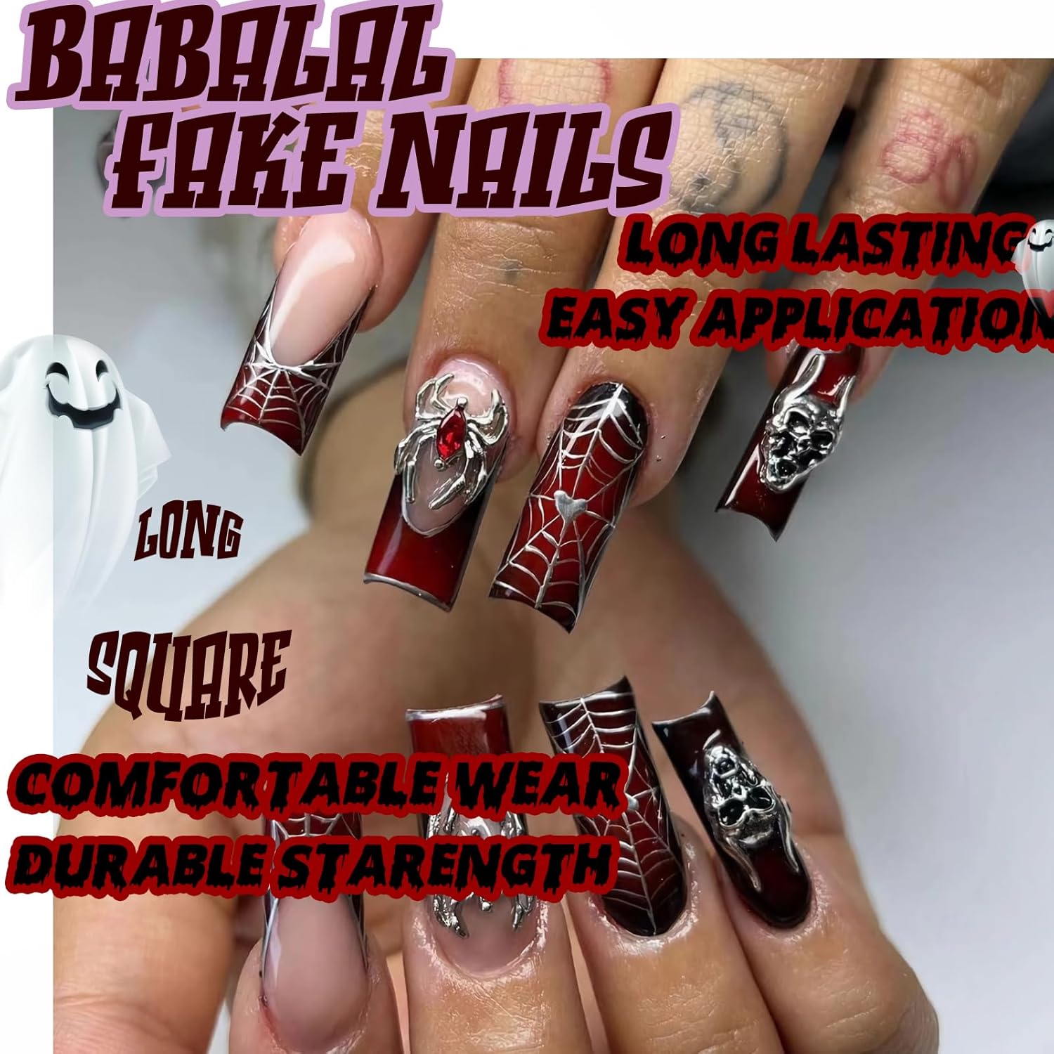 BABALAL Press on Nails Long Square Fake Nails Dark Black Red Glue ons Nails Metallic Spider Skull Charm Design Halloween Acrylic Nails 24Pcs Luxury Goth Squoval False Nails - Image 6