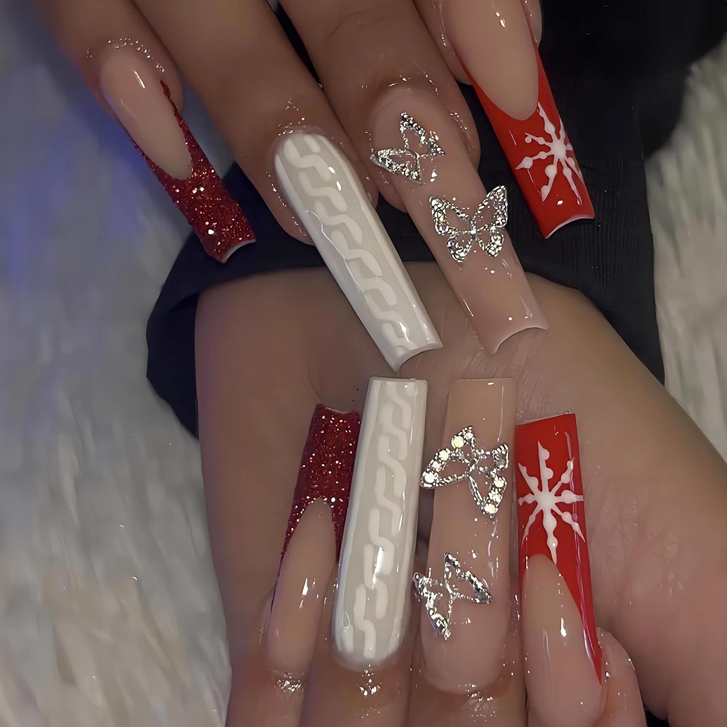 BABALAL Square Press on Nails Long Fake Nails Red Glitter French Glue on Nails 3d Butterfly Charm Design Snowflake Acrylic Nails 24Pcs Christmas Squoval Manicure False Nails for Women and Girls