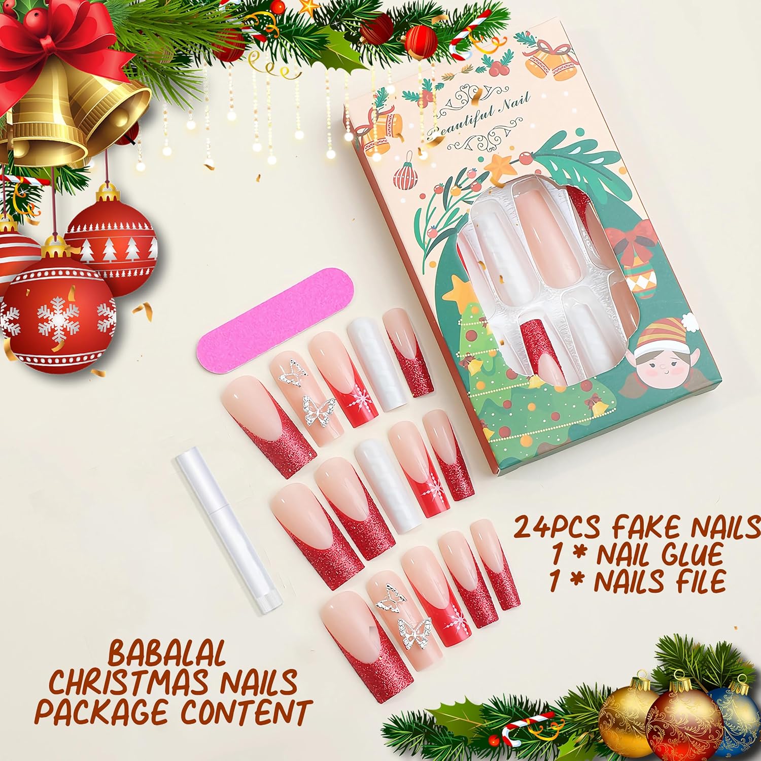 BABALAL Square Press on Nails Long Fake Nails Red Glitter French Glue on Nails 3d Butterfly Charm Design Snowflake Acrylic Nails 24Pcs Christmas Squoval Manicure False Nails for Women and Girls - Image 4
