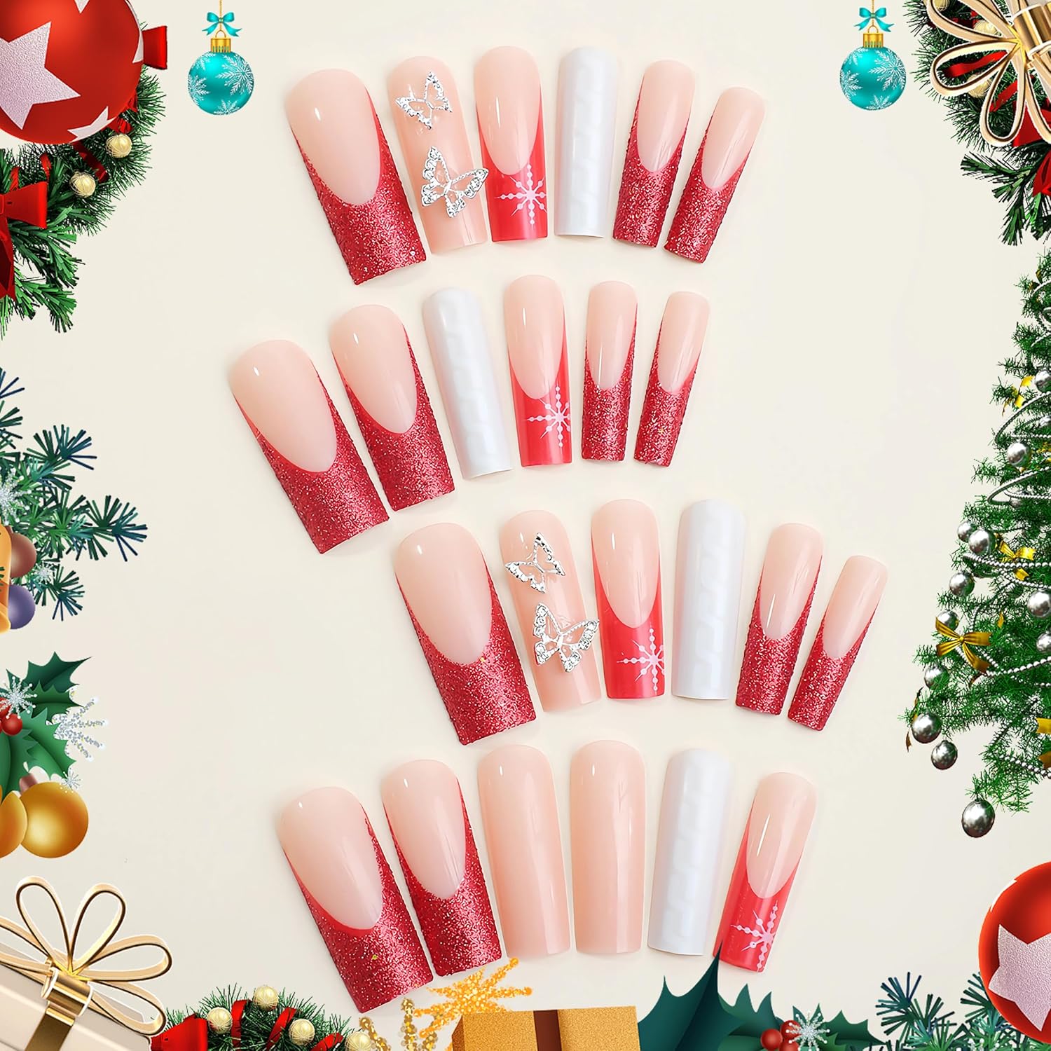 BABALAL Square Press on Nails Long Fake Nails Red Glitter French Glue on Nails 3d Butterfly Charm Design Snowflake Acrylic Nails 24Pcs Christmas Squoval Manicure False Nails for Women and Girls - Image 3