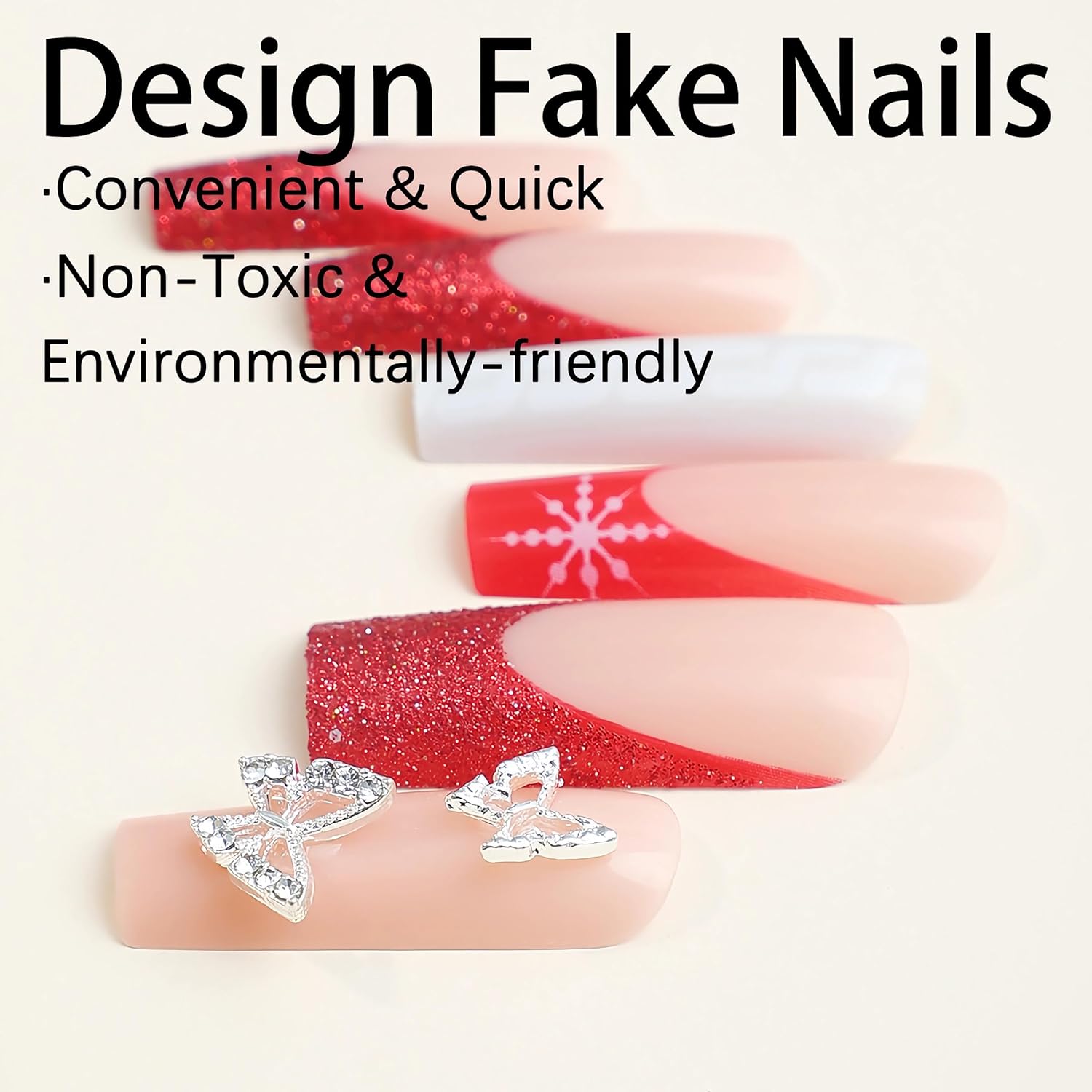 BABALAL Square Press on Nails Long Fake Nails Red Glitter French Glue on Nails 3d Butterfly Charm Design Snowflake Acrylic Nails 24Pcs Christmas Squoval Manicure False Nails for Women and Girls - Image 2
