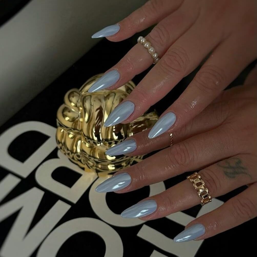 Baby Blue Press On Nails Almond - KQueenest Chrome Press On Nails Medium, Sparkle Fake Nails Press ons Glitter Glue on Nails Medium Stiletto with Glazed Finish, Stick On Nails for Women Wedding Wear - Image 2