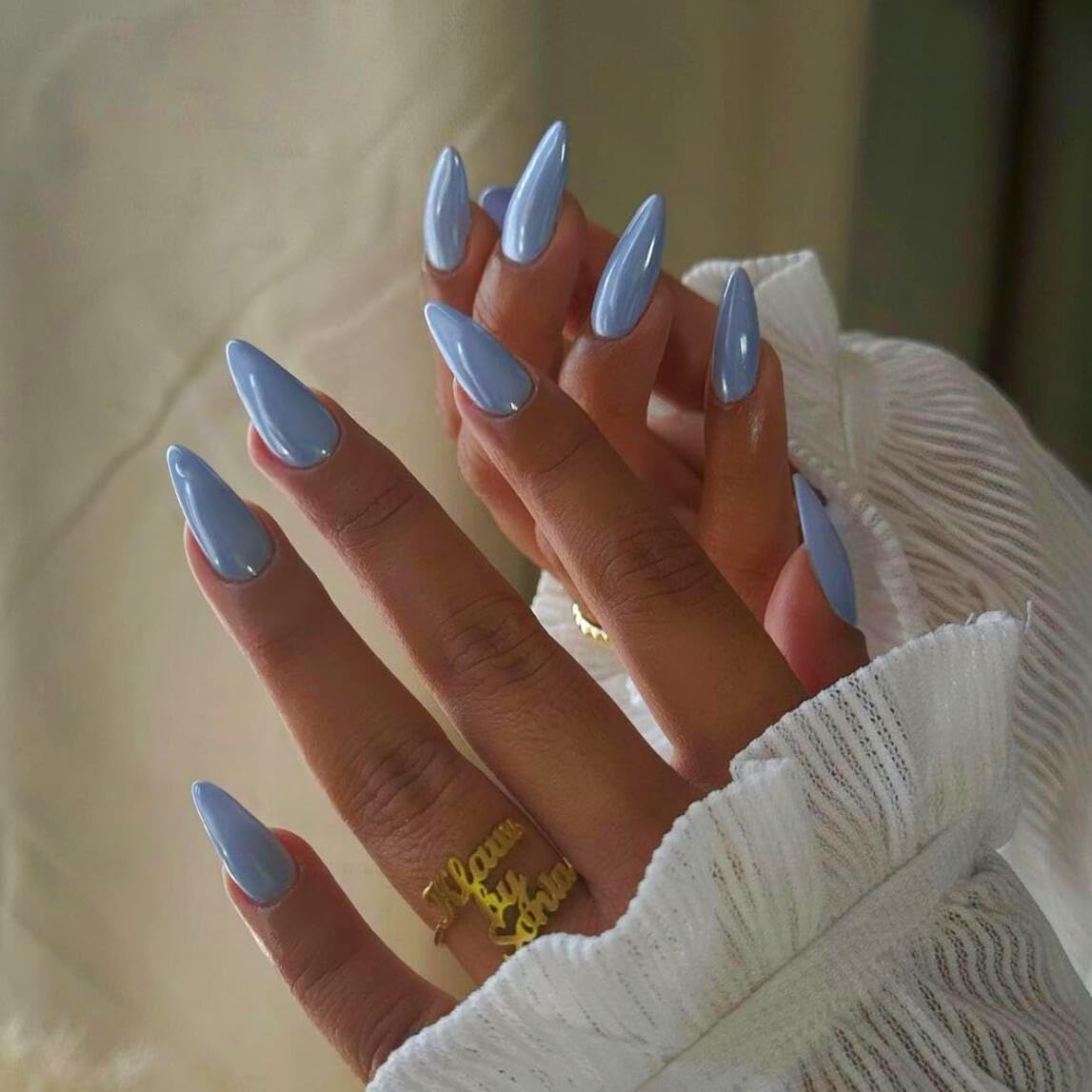 Baby Blue Press On Nails Almond - KQueenest Chrome Press On Nails Medium, Sparkle Fake Nails Press ons Glitter Glue on Nails Medium Stiletto with Glazed Finish, Stick On Nails for Women Wedding Wear - Image 3