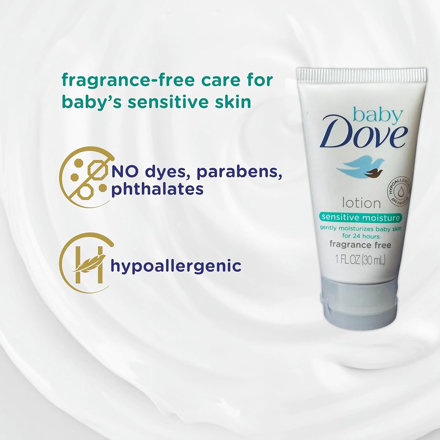 Baby Dove Sensitive Moisture Baby Lotion, 3 Pk Hypoallergenic Fragrance-Free for Sensitive Skin, Moisturizing Unscented Baby Lotion, Safe 4 Newborns Travel Size 1oz Ea - Image 5