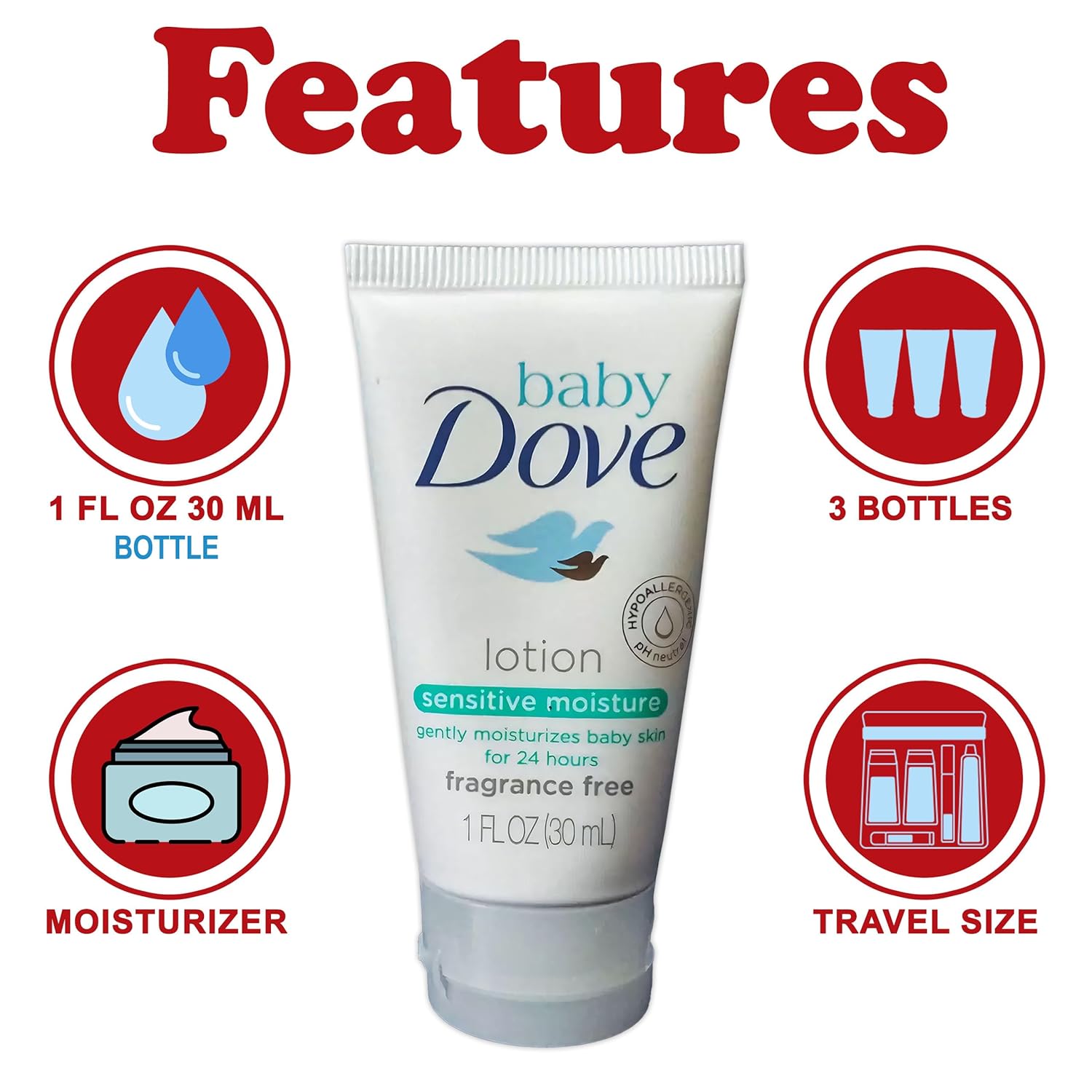 Baby Dove Sensitive Moisture Baby Lotion, 3 Pk Hypoallergenic Fragrance-Free for Sensitive Skin, Moisturizing Unscented Baby Lotion, Safe 4 Newborns Travel Size 1oz Ea - Image 2