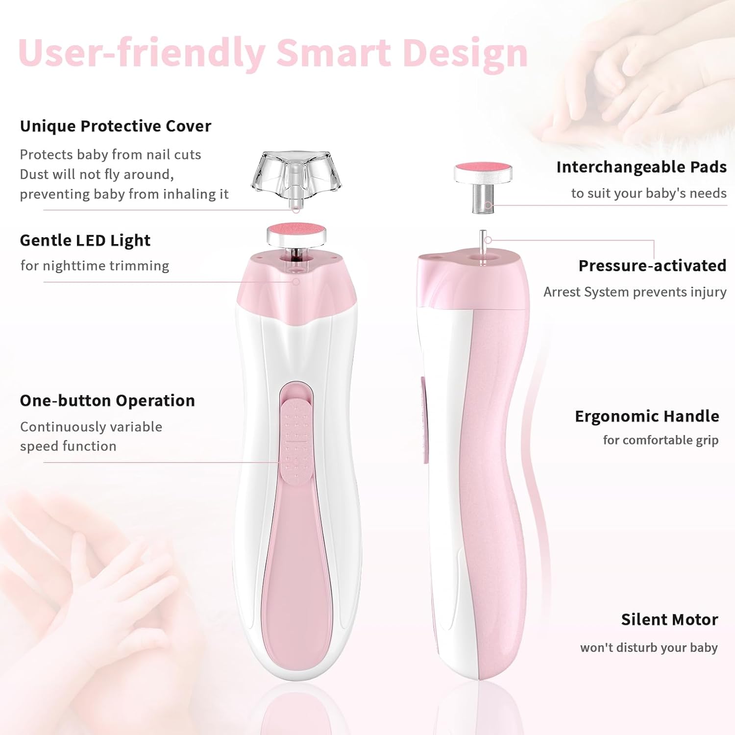 Baby Nail File Electric Baby Nail Care Set with LED Light, Baby Nail Clipper Electric for Newborn/Infants/Adults Toenails and Fingernails, 7 Grinding Head Replacement Pads, Pink - Image 7