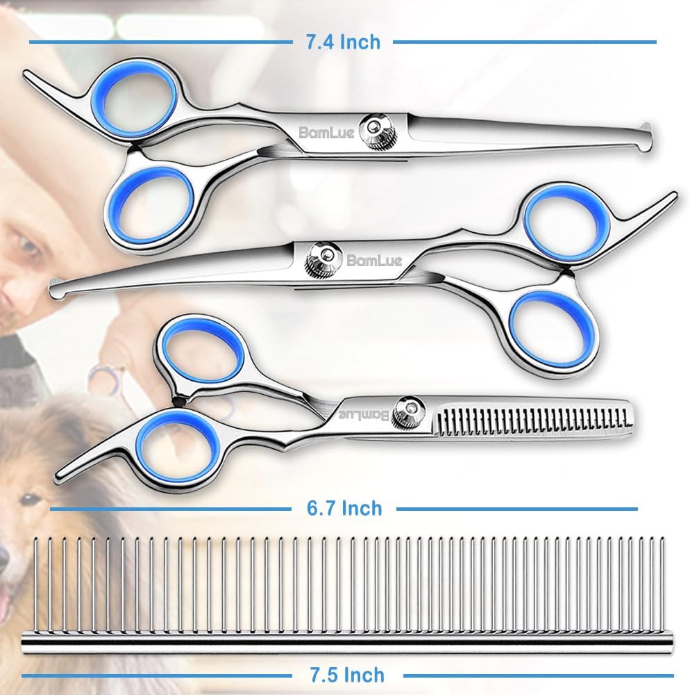Bamlue 6 in 1 Professional Stainless Steel 4CR Safety Round Tip Dog Grooming Scissors, Anti-Rust Shears Cat Grooming Scissors Pet Kit, Thinning Straight Comb for Long Short Hair-Blue - Image 2