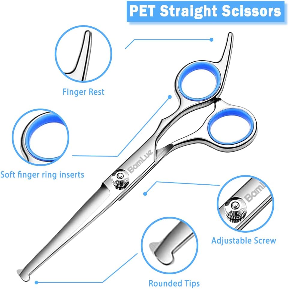 Bamlue 6 in 1 Professional Stainless Steel 4CR Safety Round Tip Dog Grooming Scissors, Anti-Rust Shears Cat Grooming Scissors Pet Kit, Thinning Straight Comb for Long Short Hair-Blue - Image 4