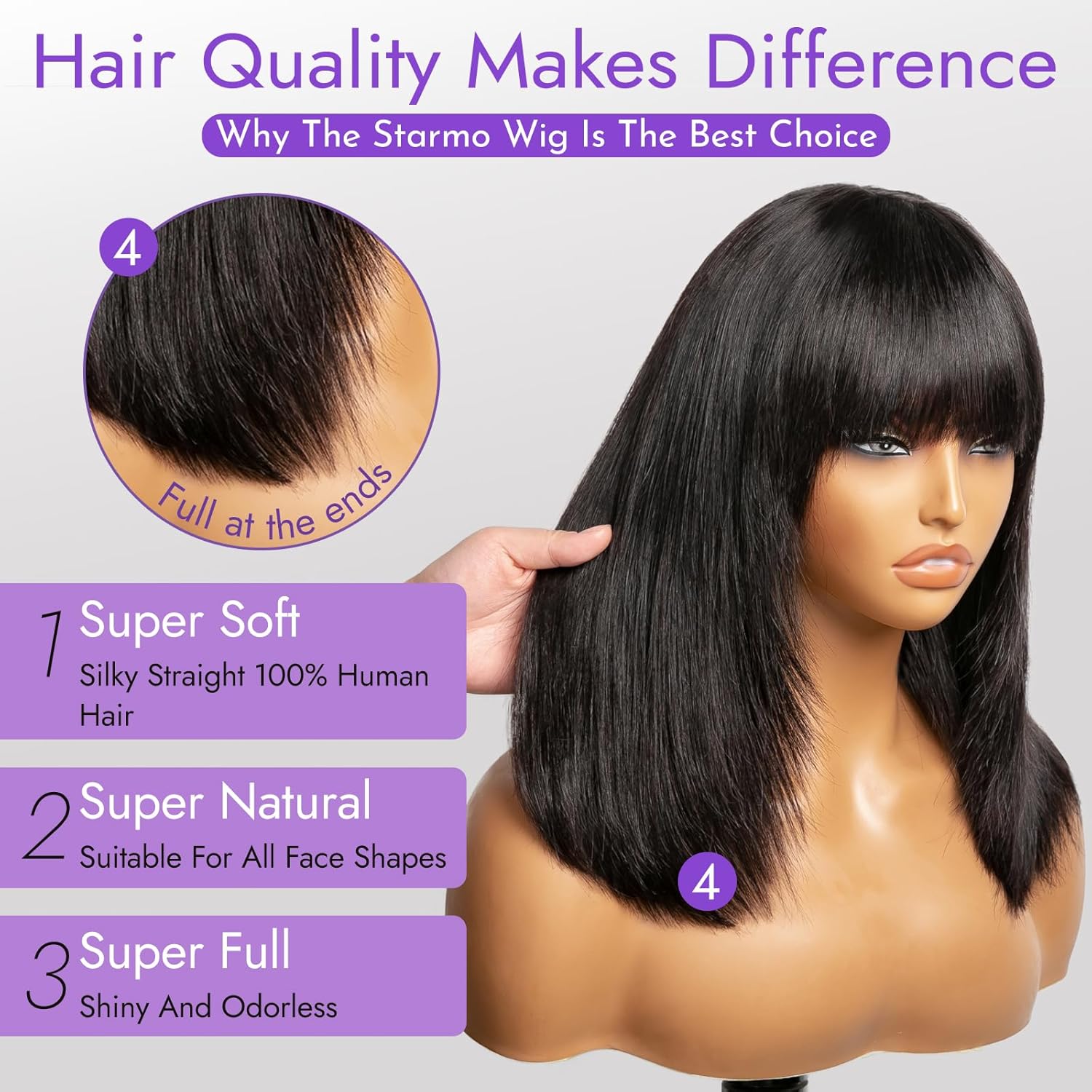 Bang Wigs Human Hair Glueless Straight Layered Bob Hairstyle 4x2 Transparent Lace Black for Women 14 Inch - Image 5