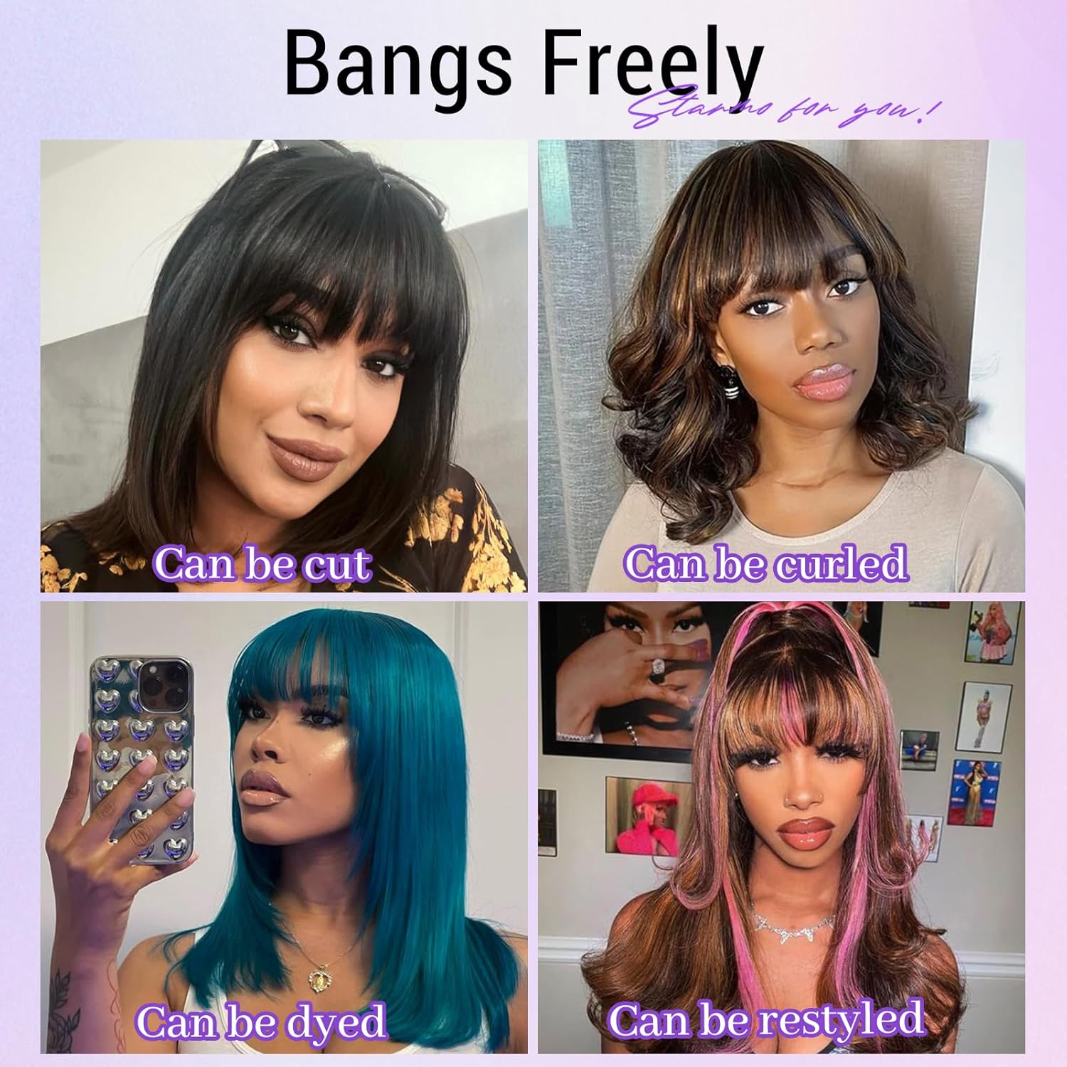 Bang Wigs Human Hair Glueless Straight Layered Bob Hairstyle 4x2 Transparent Lace Black for Women 14 Inch - Image 4