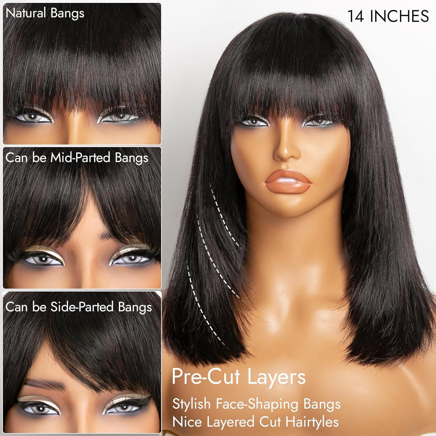 Bang Wigs Human Hair Glueless Straight Layered Bob Hairstyle 4x2 Transparent Lace Black for Women 14 Inch - Image 3